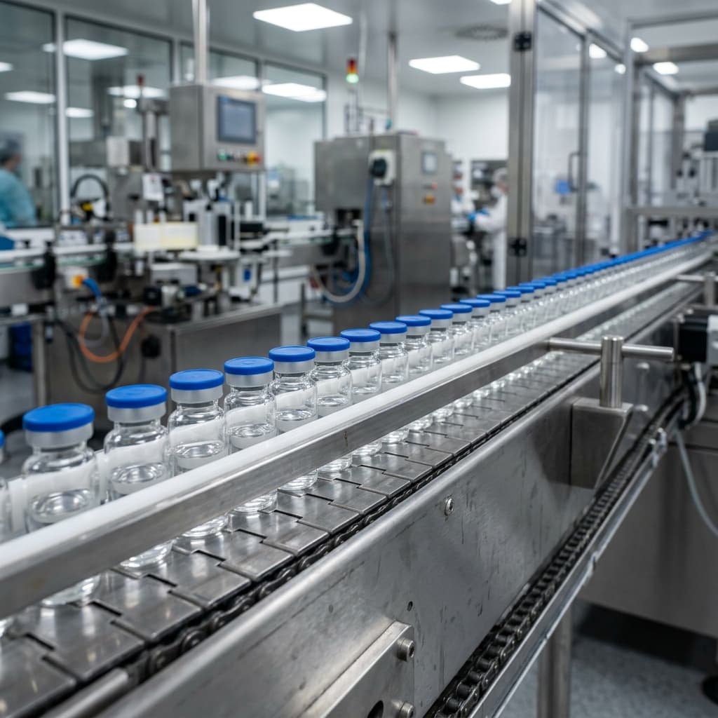 Vial fill–finish line at the Saanso Pharma facility, Eluru — liquid + lyo, 2–100 ml fill