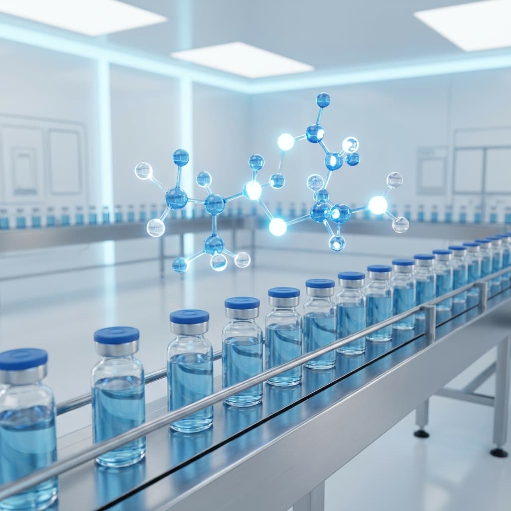3D sterile glass medicine vials on conveyor line with floating molecular structure